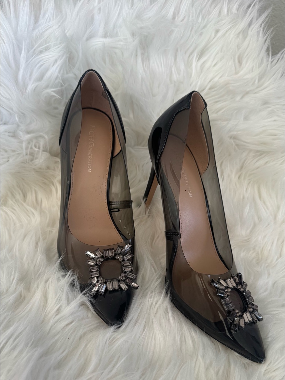 BCBGMaxAzria Black Pointed PVC Gem-Embellished Stilettos